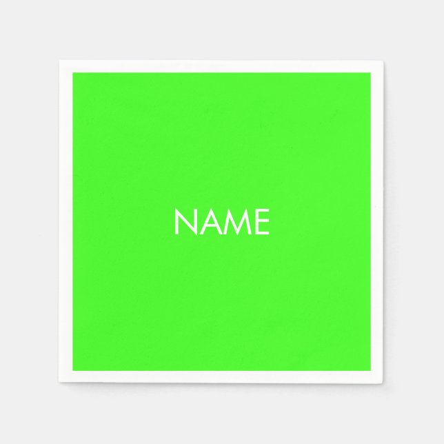 Modern neon green white custom name text paper napkin (Front)