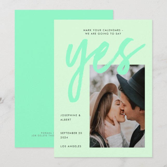 Modern Neon Mint Green Big Script Photo Wedding Save The Date (Front/Back)