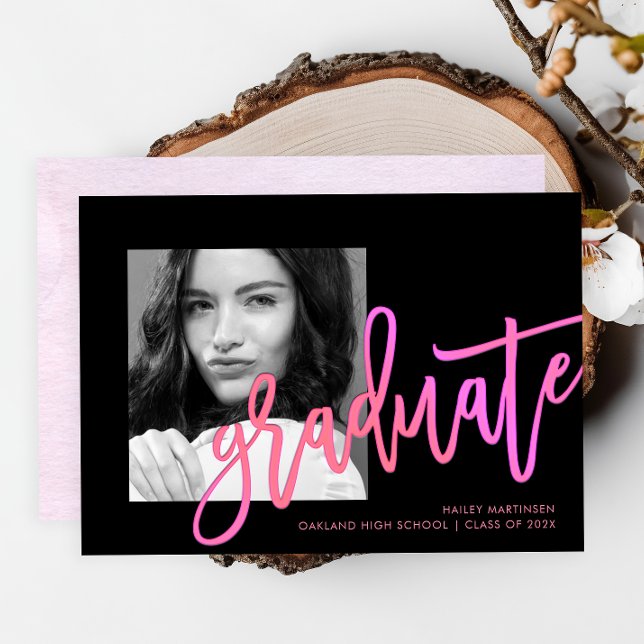 Modern Neon Ombre Typography Pink Photo Graduation Invitation (Creator Uploaded)