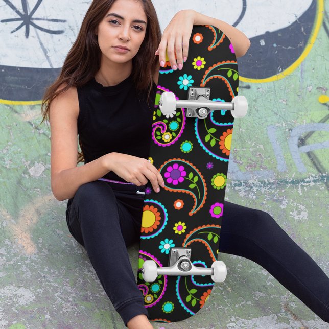 Modern Neon Paisley Floral Pattern Skateboard (Creator Uploaded)