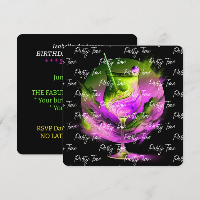 Modern Neon Party Time Personalised Invitation (Front/Back)