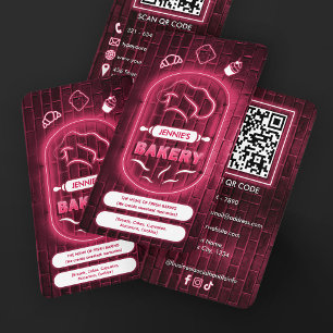 Modern Neon Pink Bakery Chef’s Hat Logo Glowing Business Card