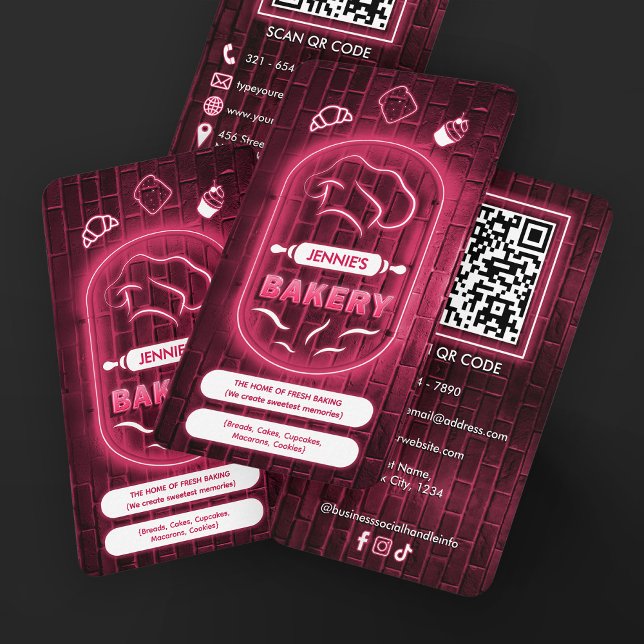 Modern Neon Pink Bakery Chef’s Hat Logo Glowing Business Card (Creator Uploaded)