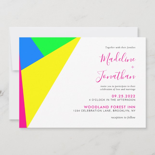 Modern Neon Pink Geometry Monogram Wedding Invitation (Front)