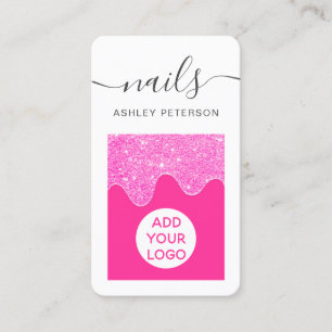 Modern neon pink glitter drips pink nails script business card