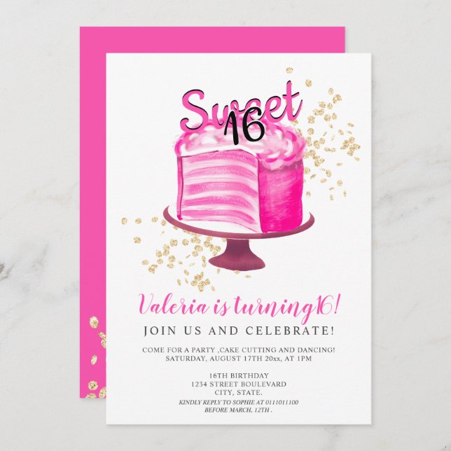 Modern neon pink gold cake cutting girly Sweet 16 Invitation (Front/Back)