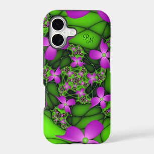 Modern Neon Pink Green Fractal Flowers Monogram