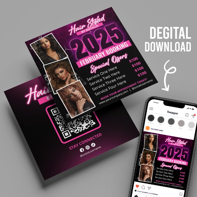Modern Neon Pink Hair Salon Booking Flyer Card (Creator Uploaded)