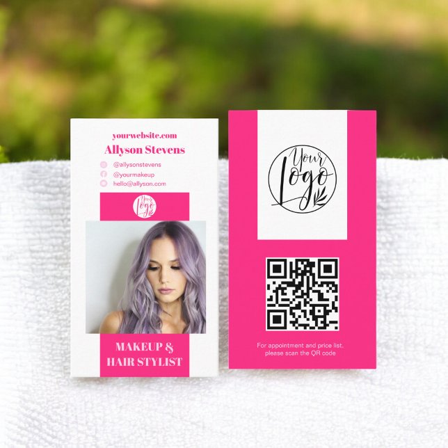 Modern neon pink makeup hair photo qr code logo business card (Modern neon pink makeup hair photo qr code logo business card)
