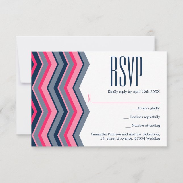 Modern neon pink navy blue chevron wedding RSVP (Front)