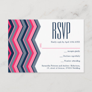 Modern neon pink navy blue chevron wedding RSVP Card