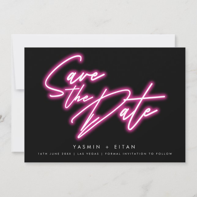 Modern Neon Pink Script Black Wedding  Save The Date (Front)