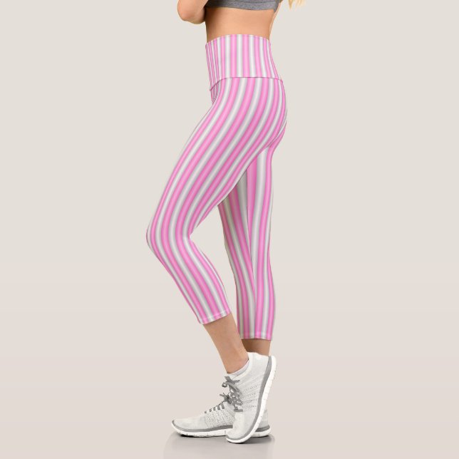 Modern Neon Pink Stripes with 3D Effect Capri Leggings (Left)