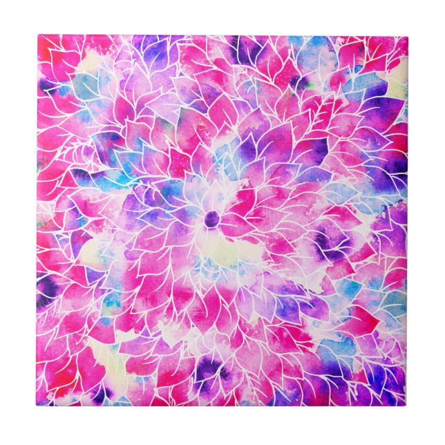 Modern neon pink teal lilac watercolor floral tile (Front)