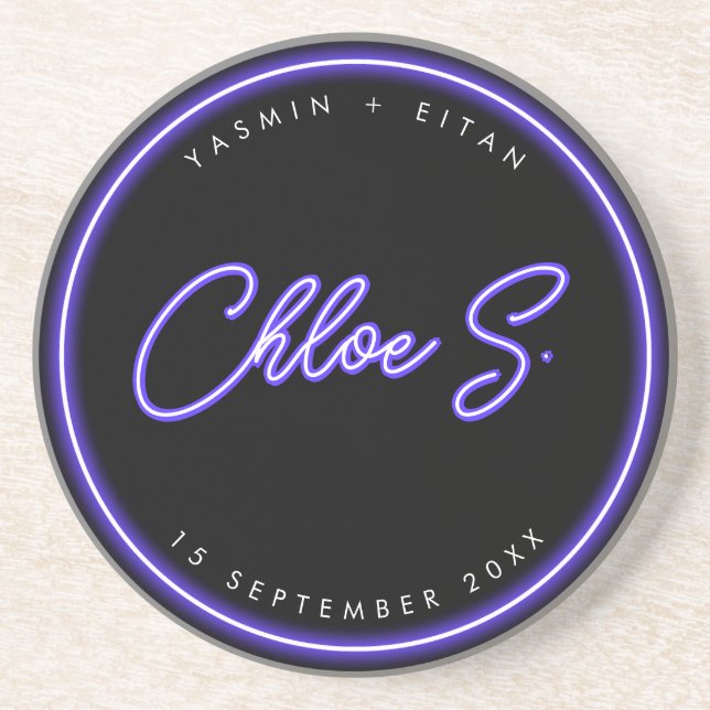 Modern Neon Purple Script Name Wedding Favour Coaster (Front)