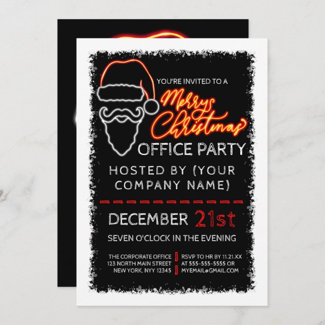 Modern Neon Red Lighted Santa Corporate Christmas Invitation (Front/Back)