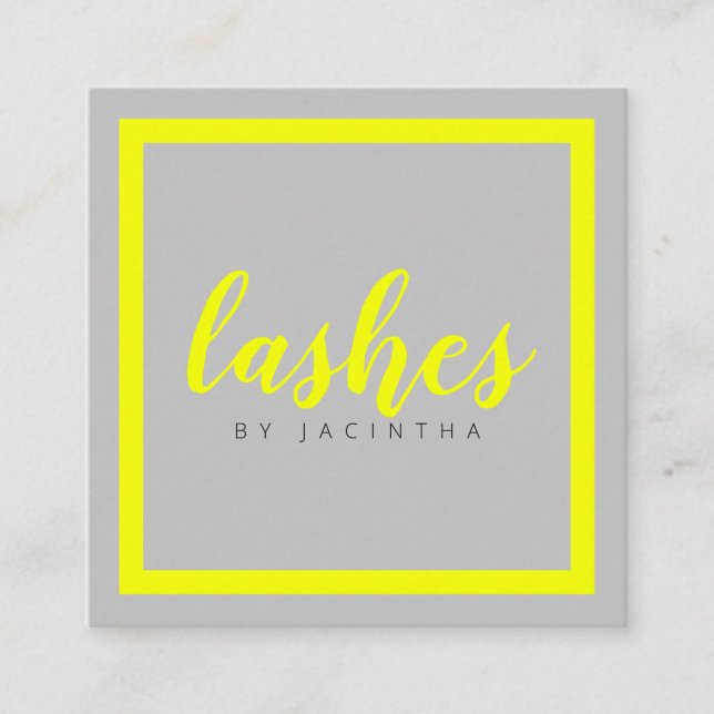 Modern Neon Yellow Beauty Lashes Aesthetician Squa Square Business Card (Front)