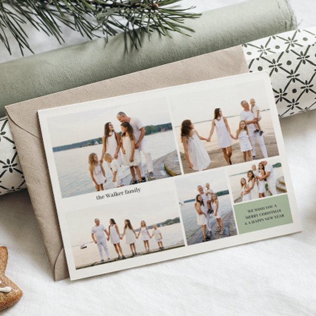 Modern Neutral 5 Photo Elegant Double Sided Holiday Card (Creator Uploaded)
