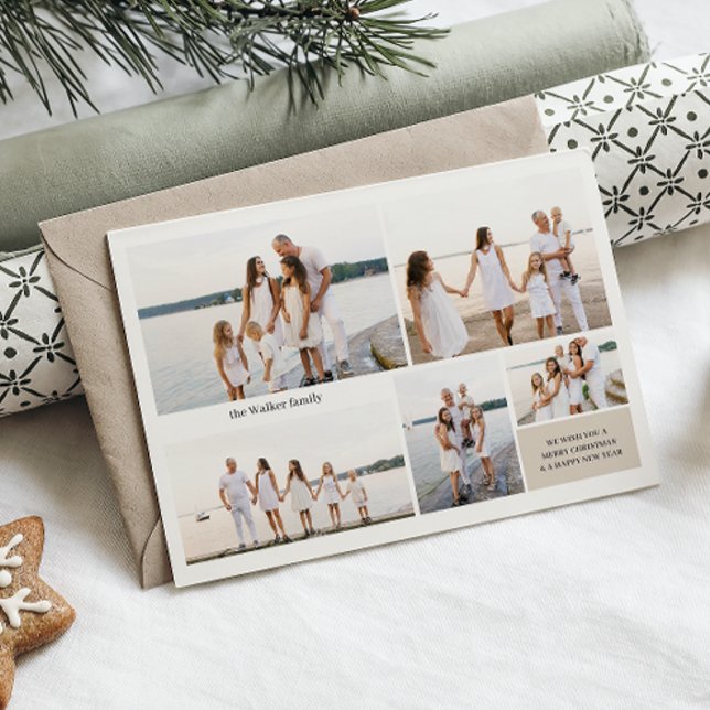 Modern Neutral 5 Photo Elegant Double Sided Holiday Card (Creator Uploaded)