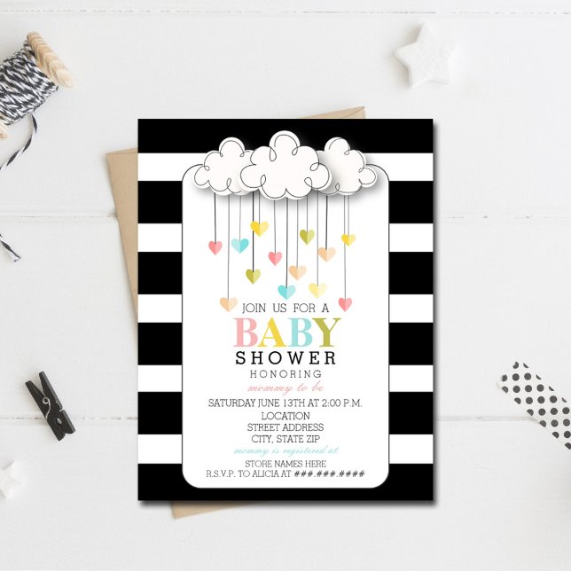 Modern Neutral Baby Shower Black + White Clouds Invitation (Creator Uploaded)