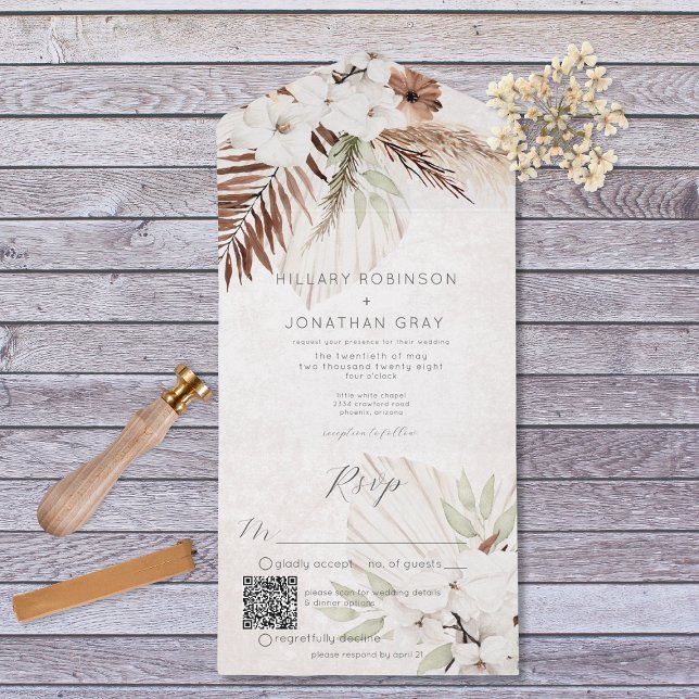 Modern Neutral Boho Floral QR Code All In One Invitation (Creator Uploaded)