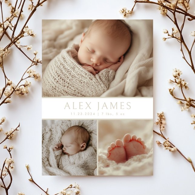 Modern Neutral Boho Photo Collage Baby Birth Announcement (Creator Uploaded)