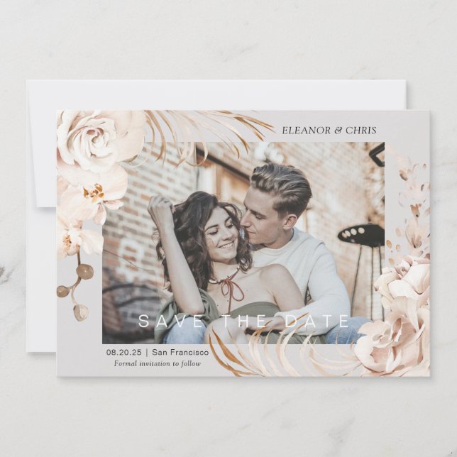 Modern Neutral Botanical Floral garden photo Save  Save The Date (Front)