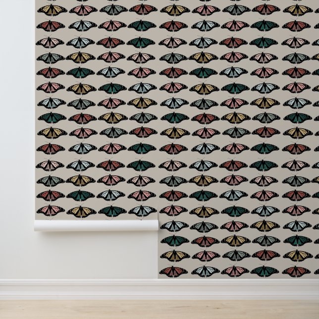 Modern Neutral Butterflies Garden Boho Pattern Wallpaper (Application)