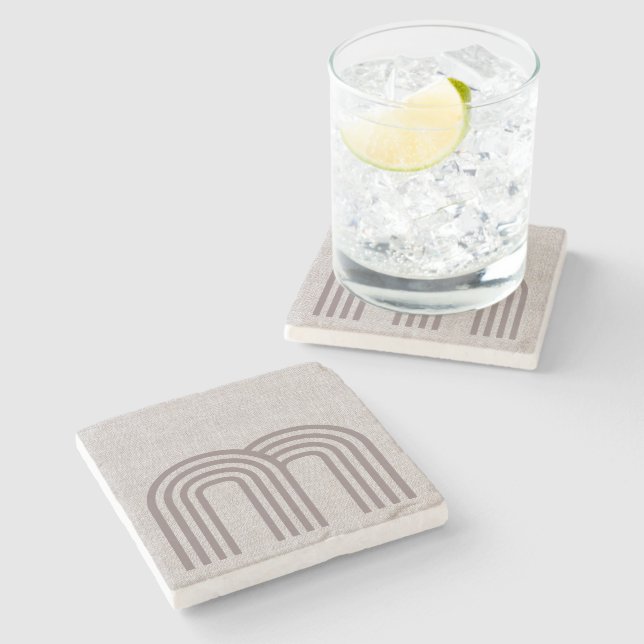Modern Neutral Linen Line Pattern Stone Coaster (Side)