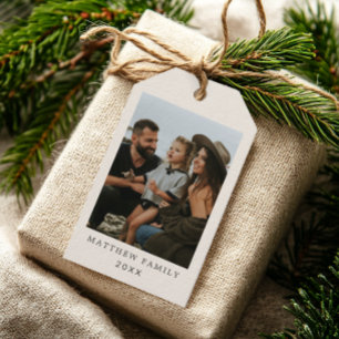 Modern Neutral Minimalist Beige Family Photo Gift Tags