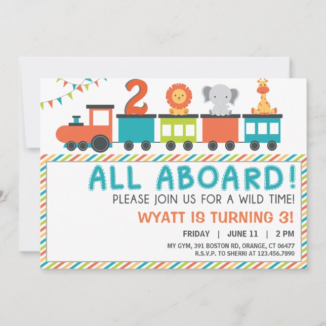 Modern Neutral Safari Train Birthday Invite (Front)