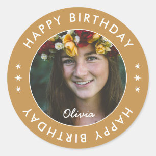 Modern Neutral Script Elegant Happy Birthday Photo Classic Round Sticker