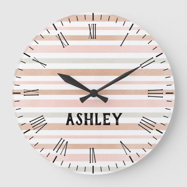 Modern Neutral Stripes Personalized Large Clock (Front)