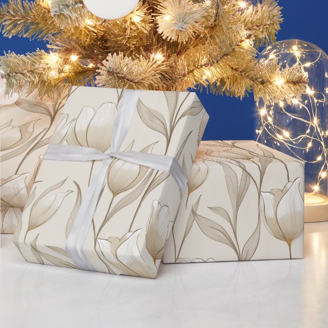 Modern Neutral Tulip Ivory Floral Pattern Wrapping Paper (Holidays)