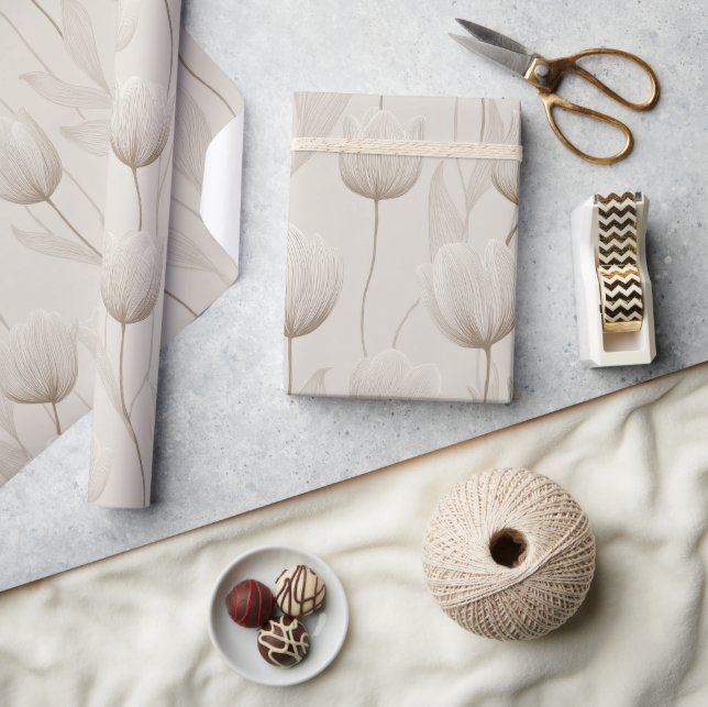 Modern Neutral Tulip Ivory Floral Pattern Wrapping Paper (Crafts)