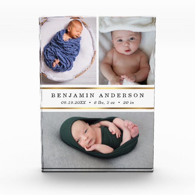 Modern New Baby Birth Stats Photo Collage Block (Front)