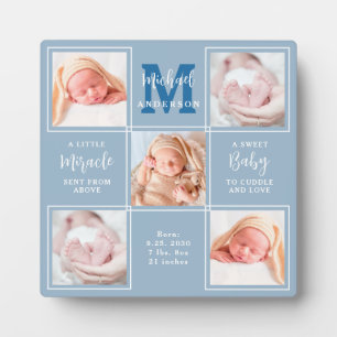 Modern New Baby Personalised 5 Photo Collage Blue Plaque