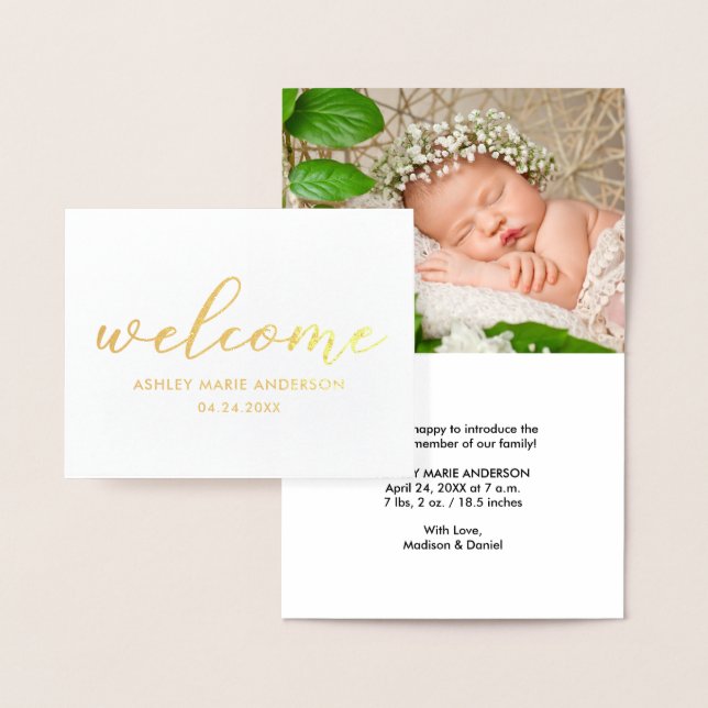 Modern New Baby Photo Welcome Gold Foil Note Card (Display)