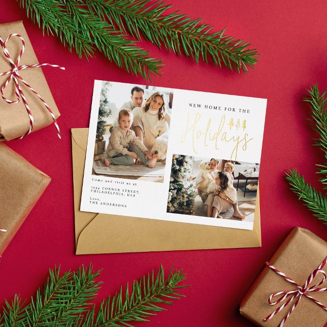 Modern New Home For the Holidays Two Photo Moving Foil Holiday Postcard (Creator Uploaded)