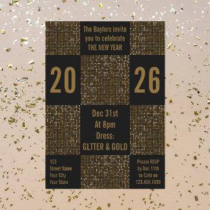 Modern New Year Black & Gold Glitter Holiday Party Invitation