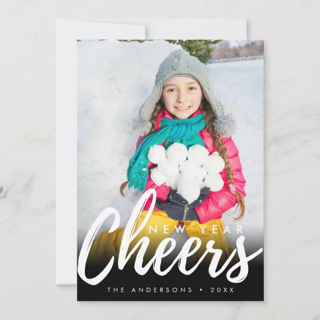 Modern New Year Cheer Minimalist Script Photo  Holiday Card (Front)