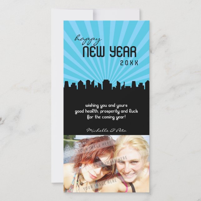 MODERN NEW YEAR PHOTOCARD :: cityscape P4 Holiday Card (Front)