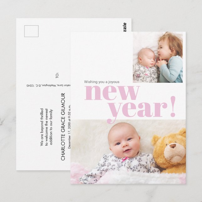 Modern New Year Pink Baby Girl Birth Photo Postcard (Front/Back)