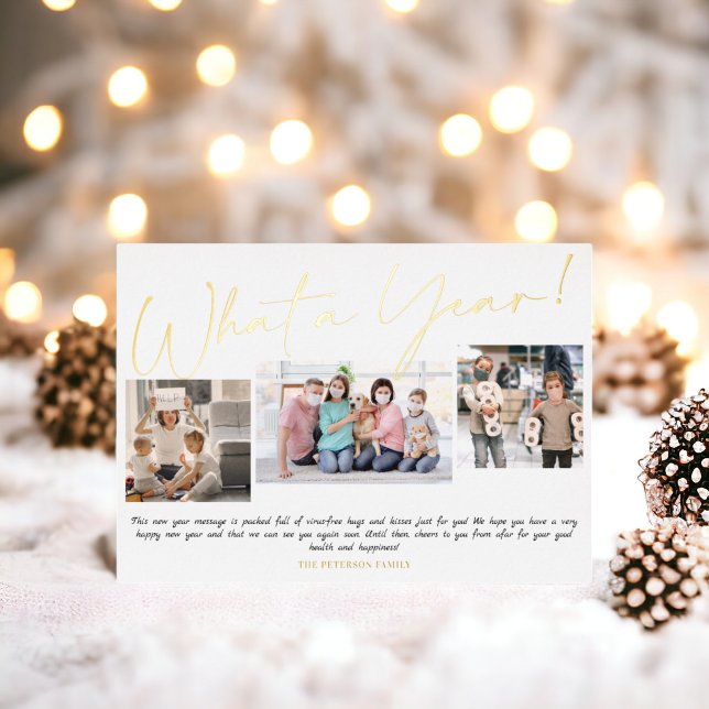 Modern New Year what a year script 3 photos (Modern New Year what a year script 3 photos Foil Holiday Card)