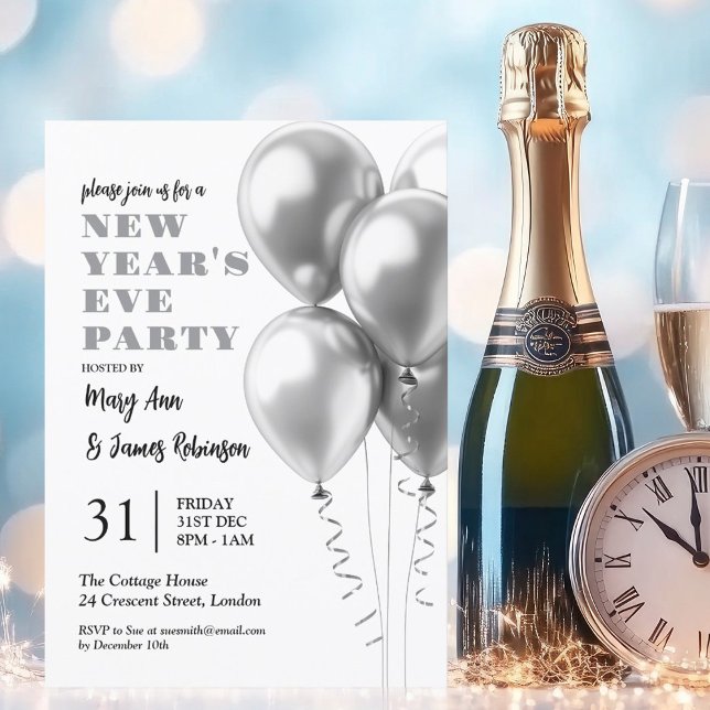 MODERN New Years Eve Celebration Silver Balloons Invitation (MODERN New Years Eve Celebration Silver Balloons Invitation)