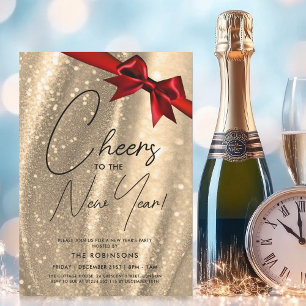 MODERN New Years Eve Gold Sparkle Sequin Red Bow Invitation