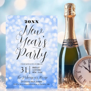MODERN New Years Eve Party Blue Bokeh Lights Invitation