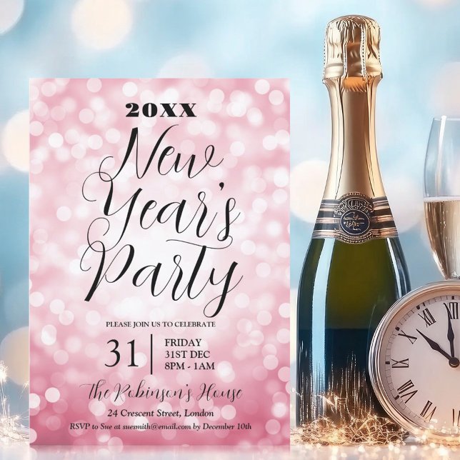 MODERN New Years Eve Party Blush Pink Bokeh Lights Invitation (MODERN New Years Eve Party Blush Pink Bokeh Lights Invitation)