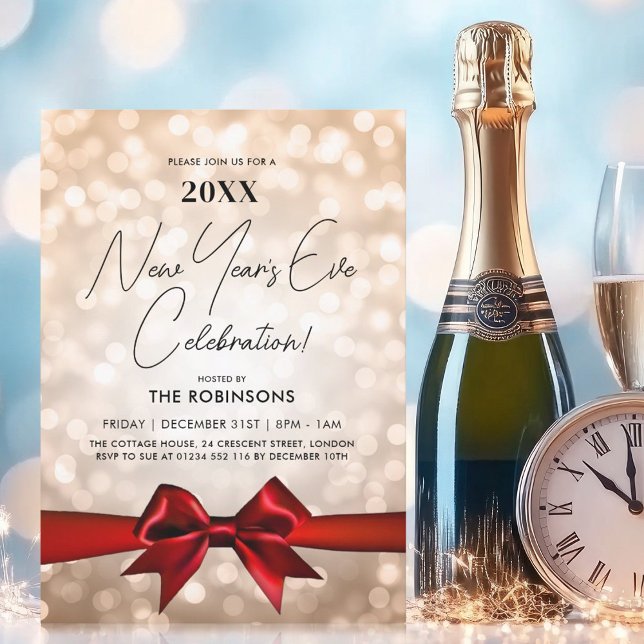 MODERN New Years Eve Party Copper Bokeh Red Bow Invitation (MODERN New Years Eve Party Copper Bokeh Red Bow Invitation)