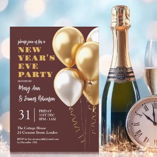 MODERN New Years Eve Party Gold Balloons Burgundy  Invitation